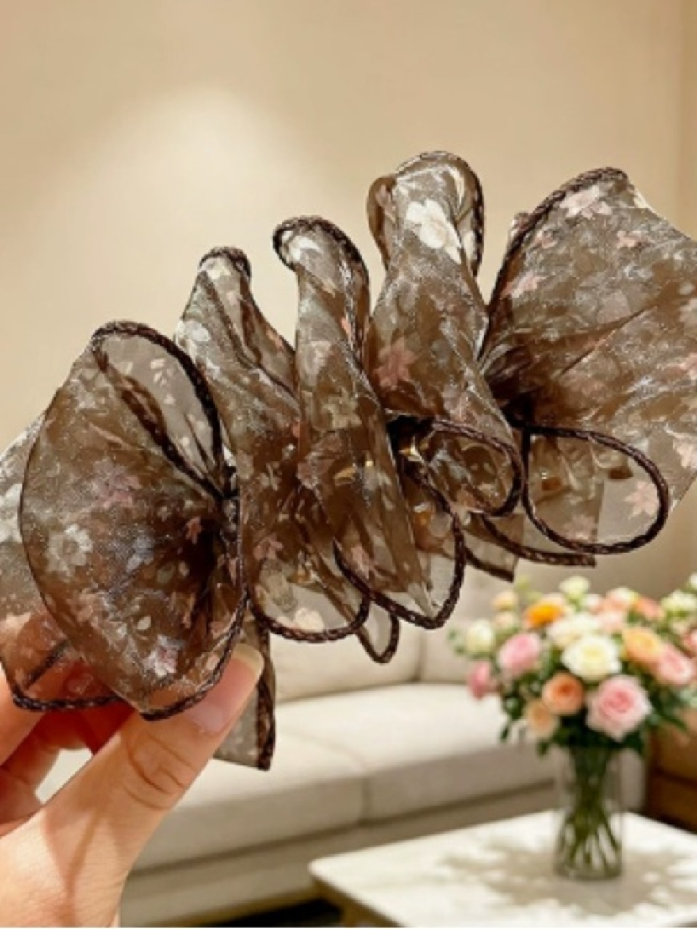 Sheer Brown Floral Ruffle Scrunchie - Women's Hair Accessory